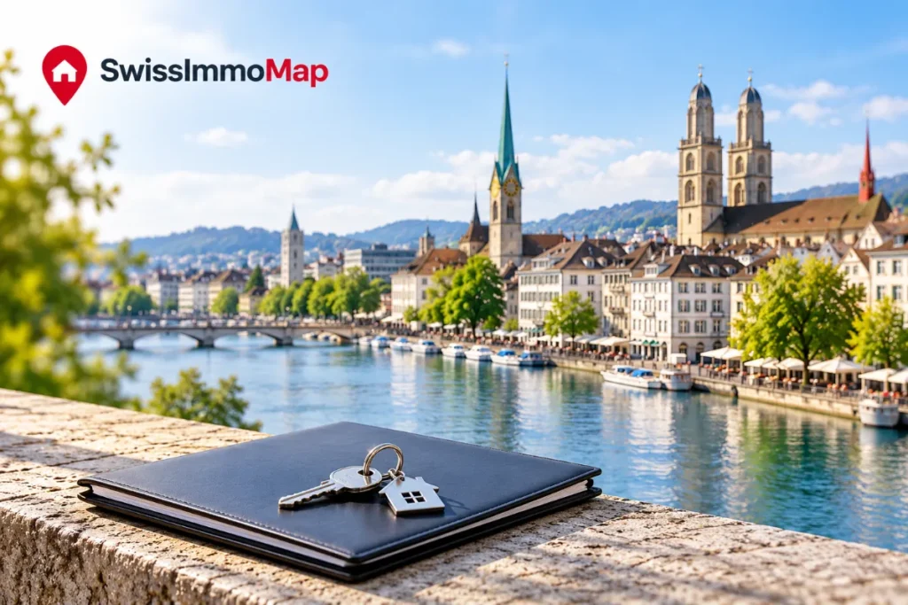 Hausschlüssel auf einer Mappe vor der Zürcher Altstadt mit Limmat, Fraumünster und Grossmünster